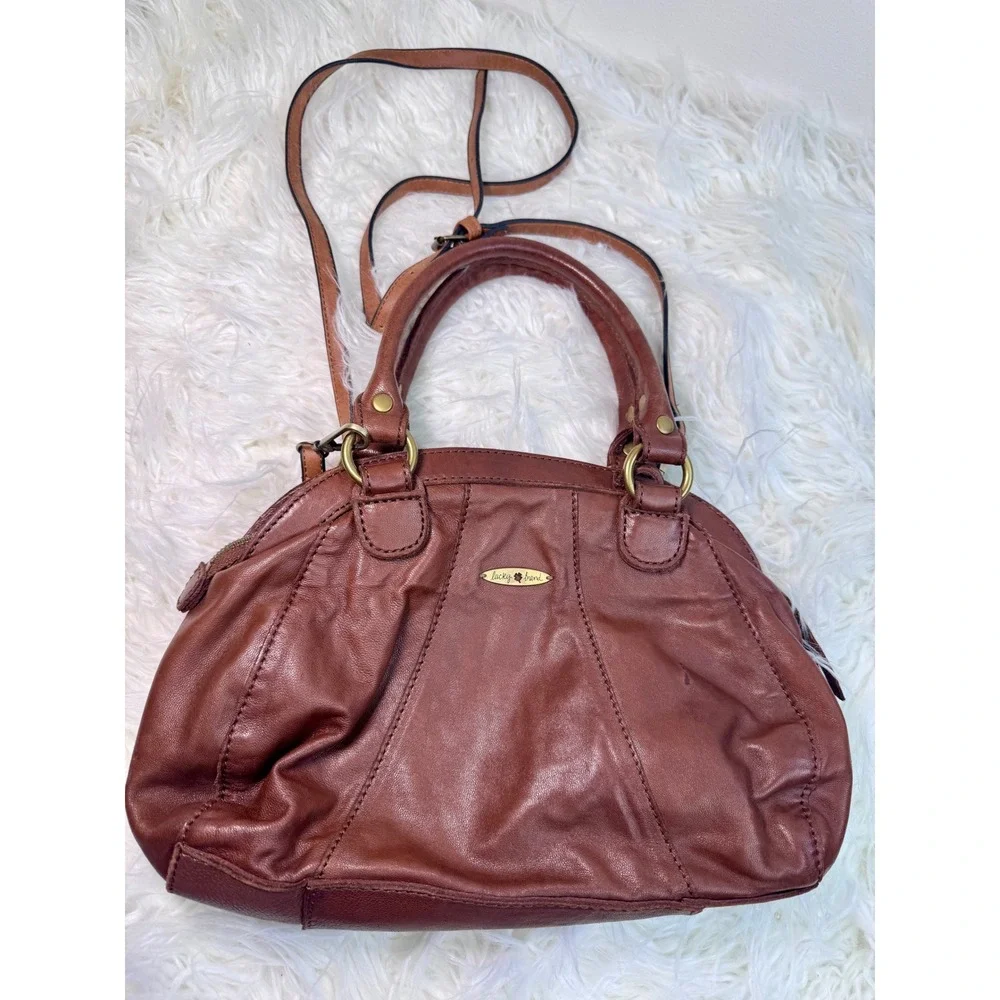 Y2K Lucky Brand Brown Leather Studded Satchel Crossbody Bag Antique Brass